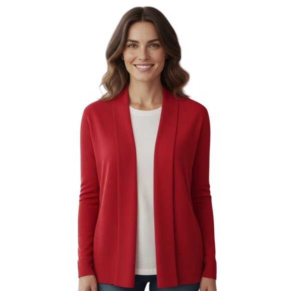 Eileen Fisher Cranberry Red Washable Wool Crepe Cardigan Sweater Size Medium - Picture 1 of 6